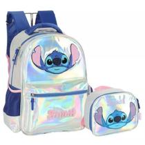 Kit Mochila Costas e Lancheira Stitch Prateada Holográfica e Brilhante