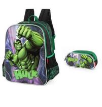 Kit Mochila Costas Escolar Disney Hulk + Estojo Ziper 3 Divisorias Cor Verde Desenho Do Tecido Hulk
