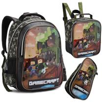 Kit Mochila Costas Escolar Gamecraft Zumbi Lancheira Estojo