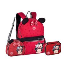 Kit Mochila Costas Escolar + Lancheira + Estojo Box Tsum Tsum Minnie Vermelho Orelha Laço