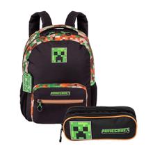 Kit Mochila Costas Estojo Duplo Minecraft Gamer Kids Escolar Cor:Preto
