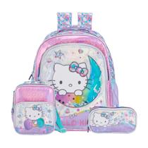 Kit Mochila Costas Hello Kitty Metalizada Lancheira E Estojo Cor:Lilás