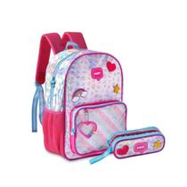 Kit Mochila Costas Holográfico Happy Com Estojo Duplo - Azul