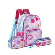 Kit Mochila Costas Holográfico Happy Lancheira Estojo - Azul Kit Mochila Costas Holográfico Happy Lancheira Estojo - Azul