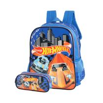 Kit Mochila Costas Hot Wheels Infantil Estojo Duplo Escolar