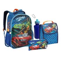 Kit Mochila Costas Lancheira Estojo Garrafa Infantil Hot Wheels Racing Carros Escolar Seanite