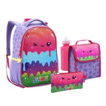 Kit Mochila Costas Lancheira Garrafa Estojo Escolar Menina Infantil Slime Roxo