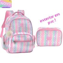 Kit Mochila Costas Listras de Arco-íris Com Chaveiro Pompom Com Estojo Box Tie Dye Juvenil Kit Mochila Costas Listras de Arco-íris Com Chaveiro Pompom Com Estojo Box Tie Dye Juvenil