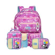 Kit Mochila Costas Panda Coração Escola Lancheira Estojo Box Cor:Rosa