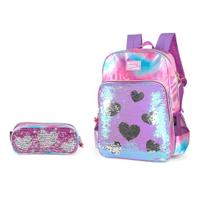 Kit Mochila Costas Roxo Paetê + Estojo Duplo Larissa Manoela