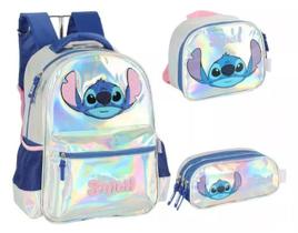 Kit Mochila Costas Stitch Holográfica Com Lancheira Estojo