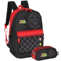 Kit Mochila Costas Super Mario Bros Estojo Triplo Vermelho