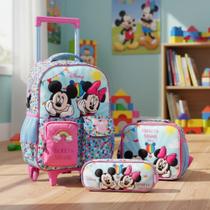 Kit Mochila de Carrinho com Lancheira e Estojo Mickey e Minnie Kit Mochila de Carrinho com Lancheira e Estojo Mickey e Minnie
