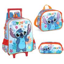 Kit Mochila de carrinho com rodinhas lancheira e estojo Infantil Escolar Stitch Luxcel