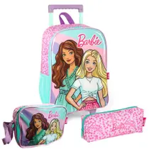 Kit Mochila de Carrinho Estojo Lancheira Barbie Amigas Fashion