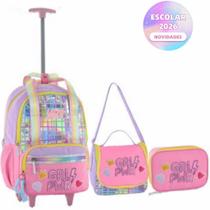 Kit Mochila de Carrinho Holográfica Girl Power Escolar Juvenil Feminino Escolar 2026