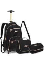 Kit mochila de carrinho + lancheira e estojo preta c/dourado - denlex
