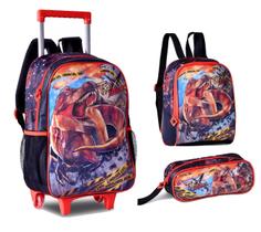 Kit Mochila de Carrinho + Lancheira + Estojo Clio TX23012KIT Dinossauro T-Rex Attack