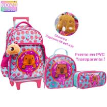 Kit Mochila De Carrinho Transparente Com Chaveiro Capivara De Pelúcia Grande Escolar 2026