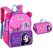 Kit mochila de costas 16 com orelhinhas de pompom e estojo escolar Follow Your Dreams Luluca