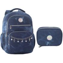 Kit Mochila De Costas 18” Jeans Escuro Juvenil Com Estojo