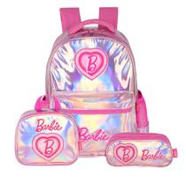 Kit Mochila De Costas Barbie Lancheira Estojo Triplo Passeio Cor:Pink