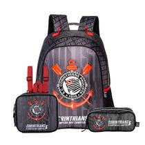 Kit Mochila De Costas Corinthians Meninos Lancheira E Estojo Cor:Preto