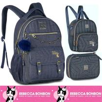 Kit Mochila de Costas Denim Vintage Grande Oficial Rebecca Bonbon Lancheira Estojo