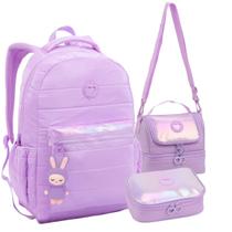 Kit Mochila de Costas Escolar Feminina com Lancheira Térmica Estojo Box Grande Material Resistente para Meninas Criança