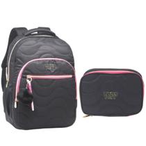 Kit Mochila De Costas Escolar Juvenil 18” Com Chaveiro Pompom E Corda Feminina Com Estojo