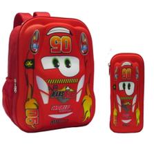 Kit mochila de costas + estojo reforçado menino 3D Mcqueen alto relevo