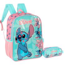 Kit Mochila De Costas + Estojo Stitch Infantil Escolar Verde/Azul Feminina