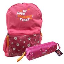 Kit Mochila de Costas Fall In Love Rosa Com Estojo Clio