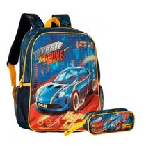 Kit Mochila de Costas Fast Machine C/ Estojo Carros Hyper Speed Infantil Escolar