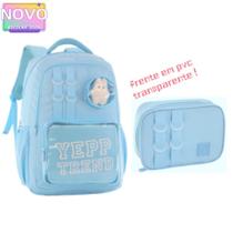 Kit Mochila De Costas Feminina Juvenil Acompanha Bichinho de Pelúcia Frente Em PVC Transparente