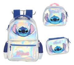 Kit Mochila De Costas + Lancheira E Estojo Stitch Metalizada