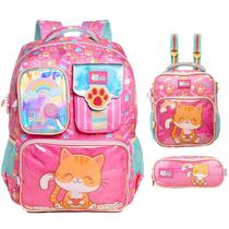 Kit mochila de costas, lancheira térmica 2 em 1 e estojo escolar Tween Gato Confetti 1 Xeryus