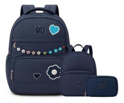 Kit Mochila De Costas, Mochilinha Lancheira e Estojo Juvenil Feminino Escolar 3 Peças
