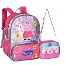 Kit Mochila de Costas Peppa Pig + Lancheira térmica Infantil Acabamento Holográfico e Alças Ajustáve