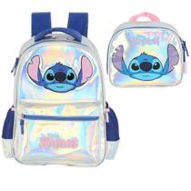 Kit Mochila de Costas Stitch Prata Holografica + Lancheira