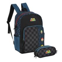 Kit Mochila De Costas Super Mario Bros Estojo Triplo Azul Kit Mochila De Costas Super Mario Bros Estojo Triplo Azul
