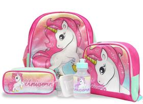 Kit Mochila de Costas Unicórnio Fantasy Tam M - Lancheira e Estojo
