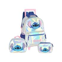 Kit Mochila De Rodas Holográfico Stitch Lancheira Estojo Box
