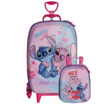 Kit Mochila De Rodas Stitch e Angel 3D Lancheira Escolar