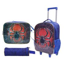 Kit Mochila de Rodinha Bolsa Estojo Lancheira Spider Aranha