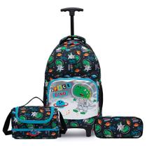 Kit Mochila De Rodinha Dino Space Menino Bolsa Escolar Infantil Lancheira Térmica Estojo