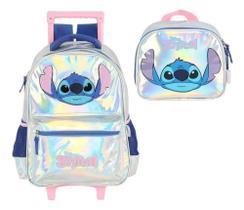 Kit Mochila De Rodinha E Costas Stitch Holografico+lancheira Prata