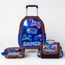 Kit Mochila de Rodinha Escolar Gamer Infantil Masculino + Lancheira Transversal + Estojo Duplo Menino Cristal