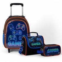 Kit Mochila de Rodinha Escolar Gamer Infantil Masculino + Lancheira Transversal + Estojo Duplo Menino Cristal