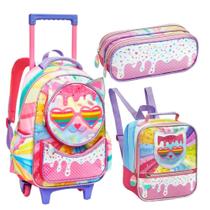 Kit Mochila De Rodinha Escolar Infantil Para Menina Lancheira Estojo Estampa de Coração E Sorvete Kit Mochila De Rodinha Escolar Infantil Para Menina Lancheira Estojo Estampa de Coração E Sorvete